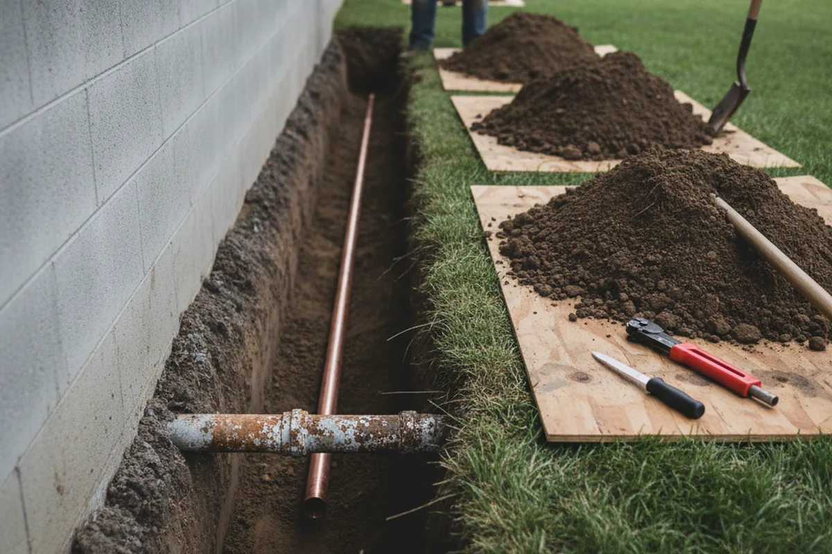 Excavated water line trench during Sewer Line Repair in Armonk